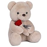 Auluda Plüschtier Bär mit Rose, 40 cm große Teddy-Liebes-Plüschpuppe, niedliches Überwurfkissen, weiches, Flauschiges Kissen Kinder und Erwachsene
