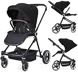 Faltbarer 3-in-1-Kinderwagen, Beidseitig verwendbarer Kinderwagen, Kinderwagen mit Aufbewahrungskorb, 5-Punkt-Sicherheitssystem, Tragfähigkeit 22 kg, Tragbar, Großes erweiterbares Verdeck(Schwarz)