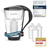 PearlCo Glas-Wasserfilter (schwarz) Glaskanne mit 3 Classic Filterkartuschen – Reduzierung von Kalk & Schwermetall – Schützt Geräte – Besserer Geschmack von Kaffee & Tee – Made in EU