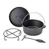 TAINO Dutch Oven 4L aus Gusseisen Ø 25cm Feuertopf Set Deckelheber Ständer Cast Iron Schmortopf ohne Füße Gusstopf ideales Grillzubehör Dopf