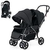 FANTASK Geschwisterwagen klappbar, Zwillingswagen mit verstellbarer Rückenlehne & Verdeck, für Baby ab 6 Monate, 30 kg Belastbar (Schwarz)