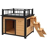 PawHut Hundehütte Hundehaus mit Balkon, Erhöhtes Kleintierhaus mit Treppe, Fenster, Hundehöhle für Kleine, Mittele Hunde, Tannenholz (Gelb, 121L x 77B x 78H cm)