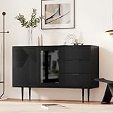 maiqiken Kommode mit 3 Schubladen und 2 Türen – Sideboard Highboard mit Metallfüßen und Glastüren, Schwarz, Maße: 120 x 38 x 79.5 cm – Kommoden & Sideboards für Jede Wohnlandschaft