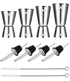 4 Stück Cocktail Messbecher, Edelstahl Barmaß 3cl/4cl/5cl/6cl, Dual Gin Messbecher mit 4 Flaschenausgießern & 2 Pinseln, Doppelmaß Bar Messbecher Cup Set für Bar Party Wein Drink Shaker