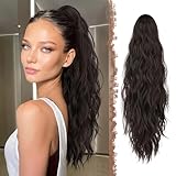 FESHFEN Gewellt Pferdeschwanz Haarteil mit Klammer, Cruly Lang Zopf Extensions Claw Clip in Wavy Ponytail Extension Synthetik Haarverlängerung für Frauen Damen 63cm Dunkelbraun