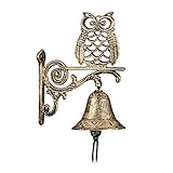Relaxdays Türglocke Gusseisen, Eule, antikes Design, mit Kordel, wetterfest, Wandglocke für Haustür, Gartendeko, Gold, 26,5 x 19 x 11 cm
