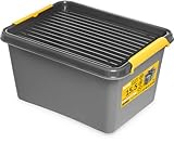 KONZEPT Aufbewahrungsbox mit Deckel 15 L – inkl. beschriftbaren Etiketten, aus hochwertigem Kunststoff, stapelbar und stabilen Verschlussclips, ideal für Keller, Werkstatt, Garage