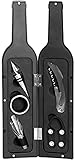 Grinscard Weinöffner Set 5 TLG. - Weinflaschen Design, Schwarz - Wein Zubehör mit Folienschneider | Korkenzieher | Ausgießer | Tropfring | Edelstahlkorken