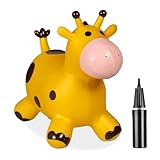 Relaxdays Hüpftier Giraffe, Springtier, bis 50 kg, BPA frei, Kinder ab 3 Jahre, inklusive Luftpumpe, Hopser, gelb/braun