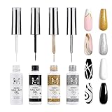 Gel Liner Nagellack Set Gel Liner Nail Art Kit für Nageldesign, 4 Farben Schwarz Weiß Gold Silber Designfarbe mit dünnem Pinsel für French Tip Maniküre DIY Nail Art, 8 ml