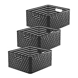 Rotho Country 3er-Set Aufbewahrungsbox Rattan-Optik, Kunststoff (PP) BPA-frei, anthrazit, 14l, (32,8 x 30 x 16 cm)