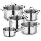KOPF Topfset Induktion Clara 8-teilig | Backofen & Spülmaschinen geeignet | Kochtopf-Set für alle Herdarten | 4 Töpfe, 1 Stielkasserolle, 3 Glasdeckel | Literskala | Edelstahl
