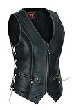 LuxHide Klassische Motorradweste für Damen, Biker, echtes Rindsleder, Weste mit Pistolentasche, Schwarz mit rosa seitlichen Schnürsenkeln, Medium