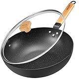 BEZIA Induktions Wok Pfanne mit Deckel, Antihaft-Wokpfanne 30 cm, Wok zum Braten mit Holzgriff, flacher Boden, Für alle Herdarten geeignet, Granit