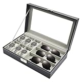 ADERTOS Uhrenbox für 6 Uhren PU Uhrenkasten Uhrenkoffer mit Glasdeckel Schwarz Uhrenschatulle Herren Uhrenschachtel mit Herausnehmbaren Samt Uhrenkissen mit 3 Brillenhalter Brillenhalterung