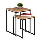 Relaxdays Beistelltisch 2er Set, stapelbar, Industrie Design, Satztisch 2 Größen, quadratisch, Metall, hellbraun/schwarz