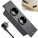 GOEDCH Tischplatte Versenkte Steckdose: Einbausteckdose Mehrfachsteckdose mit USB-A und PD-20W Type-C, Einbau Steckdosenleiste mit USB für Tischplatte oder Arbeitsflächen, 1.5 m Kabel