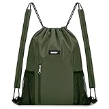 WANDF Kordelzug-Rucksack mit Schulterpolster, Sport-Gym-Rucksack mit Netztasche, Kordelzug-Rucksack für Damen und Herren (Dunkelgrün)