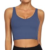 Lemedy Damen Sport-Bustier, langes, bauchfreies Tank-Top, gepolstert, Workout, Laufen, Yoga - Blau - Medium