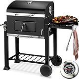 tectake® Holzkohlegrill mit Thermometer, Smoker mit Deckel, klappbare Seitenablage mit Haken, Holzkohle Grill mit höhenverstellbarer Holzkohlewanne, fahrbarer Grillwagen, BBQ-Grill mit Ascheschublade