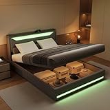 BRILVERDE Polsterbett 160x200 mit Stauraum, Doppelbett mit LED-Licht und USB, Funktionsbett mit Kopfteil, Bettgestell mit Lattenrost, Leinen (Grau, 140 x 200 cm)
