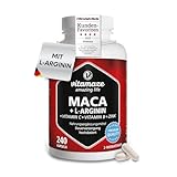 Maca Kapseln hochdosiert + L-Arginin + Vitamine + Zink, 240 Kapseln, Pulver aus der Maca Wurzel für 2 Monate, Pflanzliche Nahrungsergänzung ohne Zusätze, Made in Germany