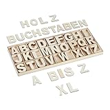 Relaxdays Holzbuchstaben Set, 208-tlg., Großbuchstaben A-Z, Deko-Buchstaben zum Basteln & Bemalen, mit Box, Natur