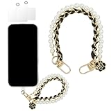 OFFCUP Handy-Armband, Handy Perlen Schlüsselband mit 2 Handy Patch, Handykette Perlen Leder Doppelkette Handyanhänger, Handy-Charm, Handy Lanyard, Handykette Handyband Handschlaufe