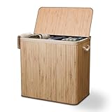 Juskys Bambus Wäschekorb Curly Natur 150L - Hygienischer Wäschekorb mit Deckel, Tragegriff & Wäschesack - 3 Fächer - Natürliche Bambus Optik