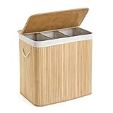 Mondeer Wäschekorb mit Deckel, Wäschesammler aus Bambus, 3 Fächern, 150L, Wäschebox mit abnehmbarem Deckel, mit waschbarem Futter, für Waschküche, Schlafzimmer, 61.5 x 40 x 60 cm Naturfarben