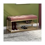 Schuhbank mit Samt-Sitzkissen, 3-stöckig, Eingangsbereich, Flur, Schuhbank, gepolstertes Schuhregal, Sitzbank, goldfarbenes Metallgestell