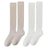 EUPSIIU 2 Paar Damen Kniestrümpfe, Knit Cotton Slouch Socken, Lässige Socken Gestrickte Kniehohe Stiefelsocken Extra Lange Lose Socken Thermosocken 80er Retro Outfit Party Zubehör (Baumwolle, XL)