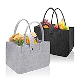 2 Stück Filztaschen Shopper, 20x17x30cm Filztasche, Filzkorb Groß, Filz Taschen, Faltbar Filztaschen Shopper, Einkaufskorb Filz Schwarz Hellgrau mit Verschluss zur Einkaufen, Aufbewahrung, Picknick