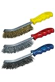 wolfcraft Handdrahtbürsten-Set 3 tlg. - 2138000 - Stahl- Messing- und Edelstahl-Drahtbürsten ergonomisch 265 mm - Praktisches Set zum Entrosten und Reinigen - für Metall, Stein, Holz
