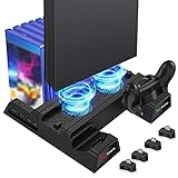 EEEKit PS4 Vertikaler Ständer Kühlung Lüfter, Vertical Stand Standfuß mit Lüfter, 2 Controller Ladesation, USB Hub, 12 Spiele Lagerung, Kompatibel mit Playstation 4, PS4 Slim und Pro