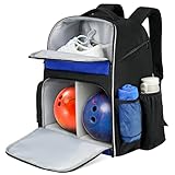 Jaffzora Bowling-Rucksack mit 2 Bällen, Bowlingball-Tasche für Doppelbälle mit Schuhfach, passend für Schuhe bis Herrengröße 44, Schwarz und Blau