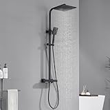 Auralum Regendusche Komplettset mit Thermostat, Duschsystem Schwarz, Duschgarnitur Messing Armatur, Quadratische Regendusche 25x25cm, Duschkopf 8x8cm, Edelstahl Duschstangen Höhenverstellbar 82-125cm