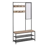 VASAGLE Kleiderständer, Garderobe, Garderobenständer mit Haken, Spiegel, Sitzbank, 35 x 98 x 180 cm, für Eingangsbereich, Schlafzimmer, Wohnzimmer, Industrie-Stil, Kamelbraun-tintenschwarz HSR415K01