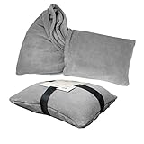 Delindo Lifestyle 2in1 Kuscheldecke Travel grau, 135x200 cm, flauschig weiches Reisekissen umwandelbar zur Reisedecke für Frauen, Männer und Kinder