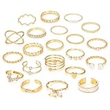 21 Stück Ringe Gold Damen Frauen, Boho Goldener Stapelringe Daumenring Fingerring Stapelbarer Knuckle Ringe Blumen Blatt Ring Perlenring Statement Ring Schmuck für Damen Mädchen (Gold Set 1)