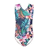 Suhoaziia Gymnastikanzug für Mädchen, Tanz, Sport, Gymnastik, einteiliger Badeanzug für Kinder von 3–14 Jahren, Hibiskusblüten, 9-10 Jahre