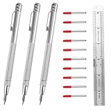 Veftsvy Anreißwerkzeug Set, 3 Stück Wolframcarbid Stift Wolframstahl Anreißnadeln Metall Reißnadel, 10 Ersatzspitzen und 15cm Stahllineal und Magnetischem Schwanz, für das Markieren auf Metall, Glas