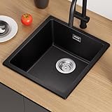 CECIPA Spülbecken Schwarz Granit, 40*44*20cm Küchenspüle Schwarz, Spüle Küche, Moderne Granitspüle, Einbauspüle Rechteckig, Waschbecken Küche ab 40er, Spülbecken Küche Klein, 1 Beckenn ohne Hahnloch