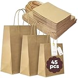 Onteftshop 45 Stück Papiertüten mit Griffen, braune Kraftpapiertüten, verschiedene Größen, Geschenktüten, Kraftpapiertüten, Einkaufstüten, Merchandise-Tüten, Verpackungen, Partygeschenke