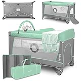 LIONELO Flower 4in1 Reisebett Baby, Laufstall Baby mit Seiteneingang, Wickeltisch, zwei Matratzenaufhängungshöhen, Spielzeugbogen mit Spielfiguren, Rollen, Tragetasche