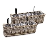 Spetebo Balkonkasten Rattan Natur 44 x 17 cm - 2er Set - Blumen Weidenkorb mit Halterung - Balkon Garten Blumenkasten Pflanztopf Blumenkorb zum Einhängen an Geländer