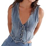 Damen Denim-Weste ärmellos Jeans-Button-Down Rundhals Casual Sommer-Außenbekleidung