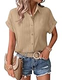 Zeagoo Blusen Damen Sommer Hemdbluse Kurzarm Musselin Bluse Button Down Hemd Solide Oberteile Champagner M