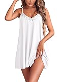 Ekouaer Negligee Damen Sexy Nachthemd Damen Sexy Ärmellos Chemise mit Spitzen Sommer Nachtwäsche mit Verstellbare Träger Weiß L
