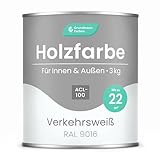 Grundmann Holzfarbe ACL 100 - Holzlack 3 Kg Weiss - 4in1 inkl. Grundierung - Seidenmatt - Wetterfest für Innen und Außen - RAL 9016 Verkehrsweiss